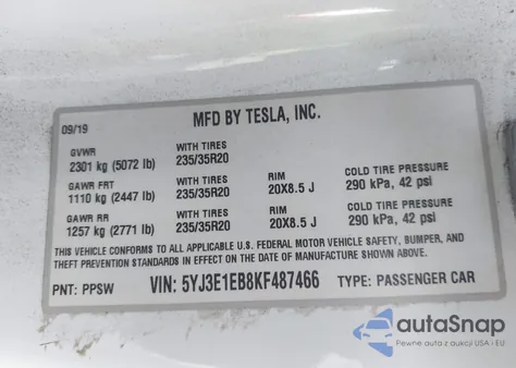 2019 Tesla Model 3 Long Range/Performance z USA, uszkodzony, nr VIN 5YJ3E1EB8KF487466